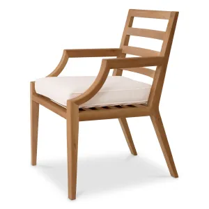 Luxury Natural Wood Outdoor Dining Armchair with White Seat Cushion and Slatted Backrest Side View by Luxury Group International