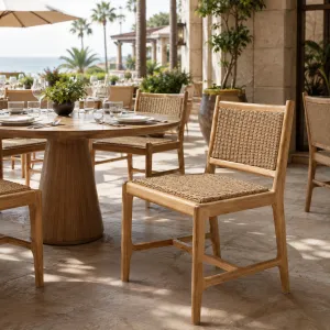 Luxus Essstuhl für den Außenbereich aus Naturholz mit Geflecht-Sitz und Rückenlehne – Luxus Hotelmöbel Lifestyle-Ansicht von Luxury Group International