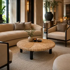 Luxuriöser Natürlicher Geflochtener Runder Couchtisch mit Schwarzen Beinen – Luxus Hotelmöbel Lifestyle-Ansicht von Luxury Group International