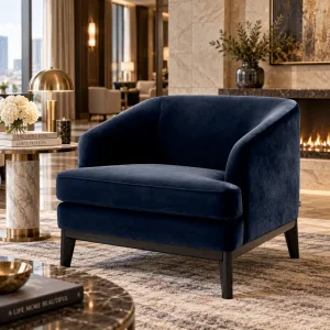 Sillón de lujo de terciopelo azul marino con respaldo curvo y patas negras – 85 cm - Mobiliario de lujo para hoteles Vista lifestyle por Luxury Group International