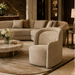 Luxury Neutral Upholstered Armchair with Curved Wraparound Back - Luxury Hotel Furniture Lifestyle View by Luxury Group International