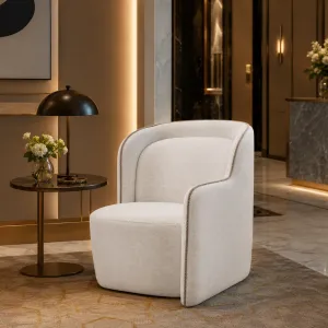 Luxury Neutral Upholstered Armchair with Curved Wraparound Back - Luxury Hotel Furniture Lifestyle View by Luxury Group International