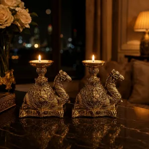 Luxury Ornamental Camel Bronze Candlestick Pair with Raised Candle Cups - Candle Holders Lifestyle View by Luxury Group International