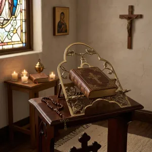 Luxuriöser Verzierungskunst-Buchhalter für die Bibel im Designer-Cutwork-Stil in Gold- und Antik-Finish Lifestyle-Ansicht von Luxury Group International