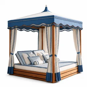 Luxus Outdoor Cabana Daybed mit blauem Quasten-Dach und Vorhängen Vorderansicht von Luxury Group International