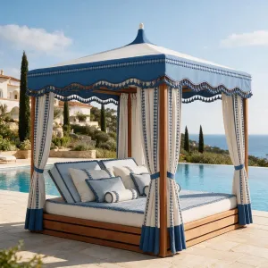 Luxus Outdoor Cabana Daybed mit blauem Quasten-Dach und Vorhängen Lifestyle-Ansicht von Luxury Group International