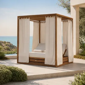 Luxus Outdoor Cabana Tagesbett mit Vorhängen und Rankendach Lifestyle-Ansicht von Luxury Group International