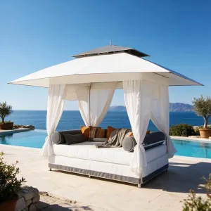 Luxus Outdoor-Pavillon-Lounge mit Vorhängen und poliertem Titanrahmen Lifestyle-Ansicht von Luxury Group International
