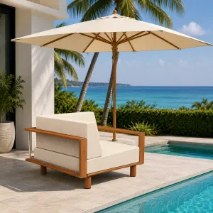 Fauteuil d'angle d'extérieur de luxe en bois teinté crème clair avec pieds effilés Vue lifestyle par Luxury Group International
