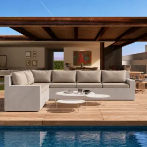 Luxus Outdoor Sofa-Einheit mit linker Armlehne, grauem Betonfuß und taupe-beigen Kissen – Moderne Möbel Lifestyle-Ansicht von Luxury Group International