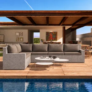 Luxus Outdoor Modulare Sofa-Einheit mit linker Armlehne in Grau Stein und Taupe – Modernes Möbelstück Lifestyle-Ansicht von Luxury Group International