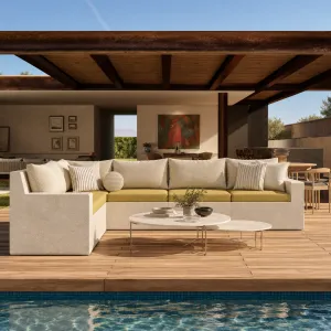 Luxus Outdoor Modulares Sofa mit Natursteinbasis und Senfgelben Kissen – Modernes Möbelstück Lifestyle-Ansicht von Luxury Group International