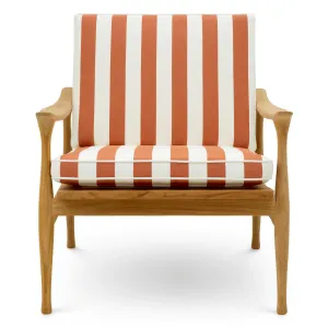 Luxury Outdoor Teak Wood Lounge Chair with Terracotta Orange and White Striped Cushions Front View by Luxury Group International