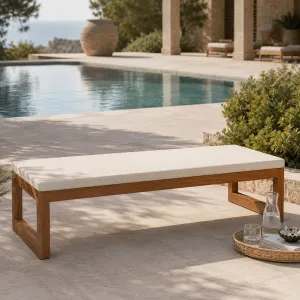 Luxury Outdoor Wooden Lounge Bench with Cushioned Seat Lifestyle View by Luxury Group International