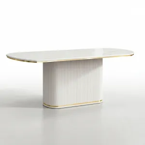 Luxury Oval Coffee Table with Fluted Pedestal Base & Marble-Effect Top in Brushed Gold Accents Front View by Luxury Group International