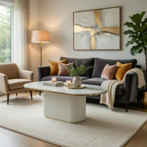 Luxury Oval Coffee Table with Fluted Pedestal Base & Marble-Effect Top in Brushed Gold Accents Lifestyle View by Luxury Group International