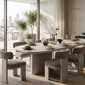 Luxury Oval Concrete Dining Table for Modern Indoor & Outdoor Living Spaces Lifestyle View by Luxury Group International