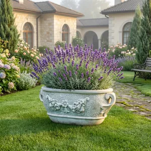 Jardinière ovale de luxe avec relief de guirlande florale et poignées en boucle - Jardinières de luxe Vue lifestyle par Luxury Group International