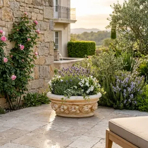 Jardinière ovale de luxe avec relief floral sculpté - Jardinières de luxe Vue lifestyle par Luxury Group International