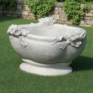 Jardinière ovale de luxe avec bouquets floraux sculptés et reliefs de rubans - Jardinières de luxe Vue de face par Luxury Group International