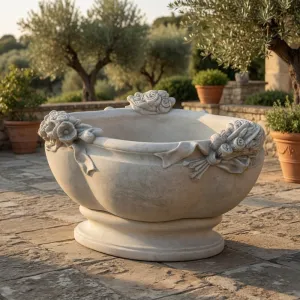 Jardinière ovale de luxe avec bouquets floraux sculptés et reliefs de rubans - Jardinières de luxe Vue lifestyle par Luxury Group International