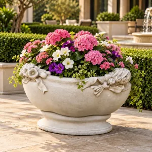 Jardinière ovale de luxe avec bouquets floraux sculptés et reliefs de rubans - Jardinières de luxe Vue lifestyle par Luxury Group International