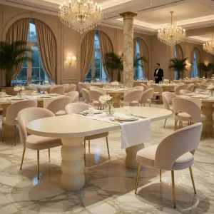 Luxury Oval Pedestal Dining Table in Sand Finish for Modern Elegant Interiors Lifestyle View by Luxury Group International