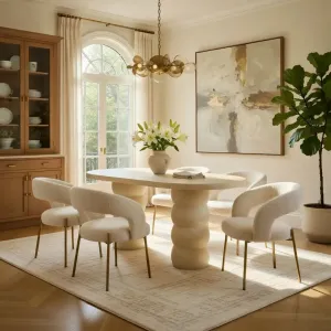 Luxury Oval Pedestal Dining Table in Sand Finish for Modern Elegant Interiors Lifestyle View by Luxury Group International