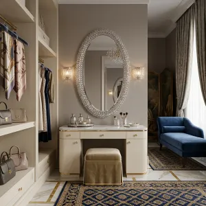 Luxury Oval Venetian Style Wall Mirror with Crystal Rosette Glass Frame Lifestyle View by Luxury Group International