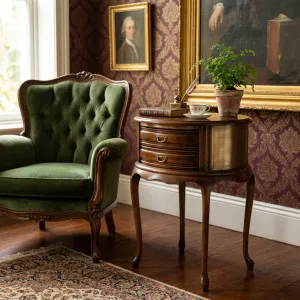 Luxury Oval Wooden Side Table with Twin Drawers and Brass Accent Panel - Luxury Side Table Lifestyle View by Luxury Group International