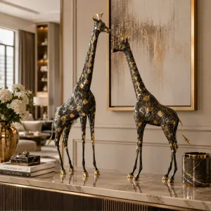 Luxury Oxidized Bronze Giraffe Sculpture Pair with Golden Accents Lifestyle View by Luxury Group International