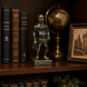 Sculpture d'Homme Debout en Bronze Oxydé de Luxe avec Chapeau sur Socle Carré - Figure en Bronze de Luxe Vue lifestyle par Luxury Group International