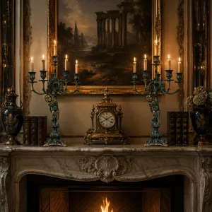 Coppia di Lusso di Candelabri Barocchi in Bronzo a Cinque Fiamme con Figura di Angelo Scolpito - Portacandele Vista lifestyle di Luxury Group International