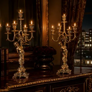 Paire de Luxe de Bougeoirs Baroques en Bronze à Cinq Lumières avec Figure d'Ange Sculptée - Bougeoir Vue lifestyle par Luxury Group International