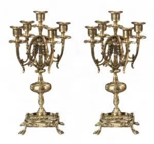 Luxury Pair of Baroque Bronze Five-Light Candle Holders with Ornate Scrollwork in Golden Finish Front View by Luxury Group International