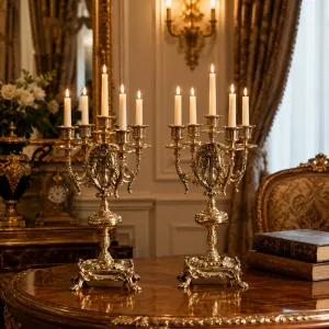 Luxury Pair of Baroque Bronze Five-Light Candle Holders with Ornate Scrollwork in Golden Finish Lifestyle View by Luxury Group International