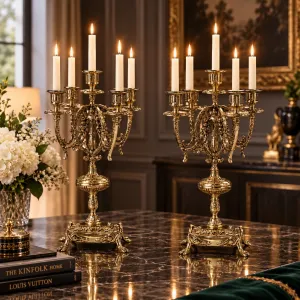 Luxury Pair of Baroque Bronze Five-Light Candle Holders with Ornate Scrollwork in Golden Finish Lifestyle View by Luxury Group International