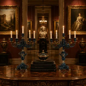 Paire de Luxe de Bougeoirs Baroques en Bronze à Cinq Lumières avec Tige en Urne Ornée - Bougeoir Vue lifestyle par Luxury Group International