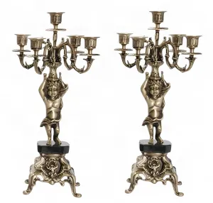 Luxury Pair of Baroque Bronze Five-Light Cherub Candle Holders with Ornate Base - Candle Holder by Luxury Group International