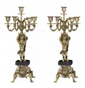 Luxury Pair of Baroque Bronze Five-Light Cherub Candle Holders with Ornate Base - Candle Holder by Luxury Group International