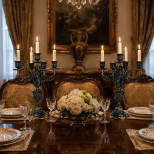 Paire de Luxe de Bougeoirs Baroques en Bronze à Cinq Lumières en Forme d'Ananas avec Finition Peinte à la Main Vue lifestyle par Luxury Group International