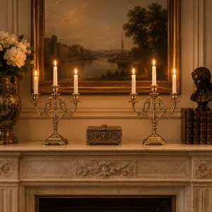 Paire de Luxe de Bougeoirs Baroques en Bronze à Trois Lumières avec Cadre à Volutes ajourées - Bougeoir Vue lifestyle par Luxury Group International