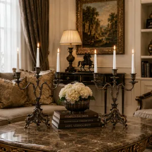 Paire de Luxe de Bougeoirs Baroques en Bronze à Trois Lumières avec Base Feuillagée Ornée - Bougeoir Vue lifestyle par Luxury Group International
