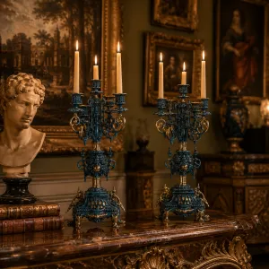Luxus-Paar von fünfflammigen barocken Kerzenhaltern mit kunstvoll verzierten Sockelbases - Kerzenhalter Lifestyle-Ansicht von Luxury Group International