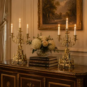 Luxus-Paar barocker Bronze-Kerzenhalter mit vier Leuchten und gotischen Durchbruchsockeln - Kerzenhalter Lifestyle-Ansicht von Luxury Group International