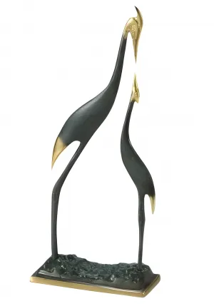 Luxus-Paar von Reiher-Bronzeskulpturen in goldenem und grün oxidiertem Finish von Luxury Group International