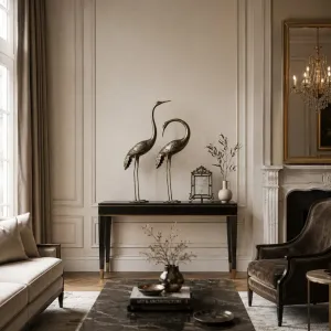 Par de esculturas de bronce de garzas grandes de lujo con acabado oxidado dorado y verde Vista lifestyle por Luxury Group International