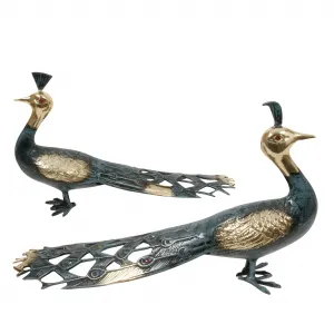 Luxus-Paar Pfau-Bronzeskulpturen mit handbemaltem und grün oxidiertem Finish von Luxury Group International