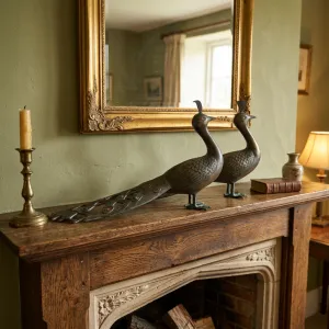 Luxus-Paar Pfau-Bronzeskulpturen mit handbemaltem und grün oxidiertem Finish Lifestyle-Ansicht von Luxury Group International