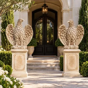 Paire de sculptures de jardin d'aigles victoriens de luxe avec détails de plumes superposées Vue lifestyle par Luxury Group International